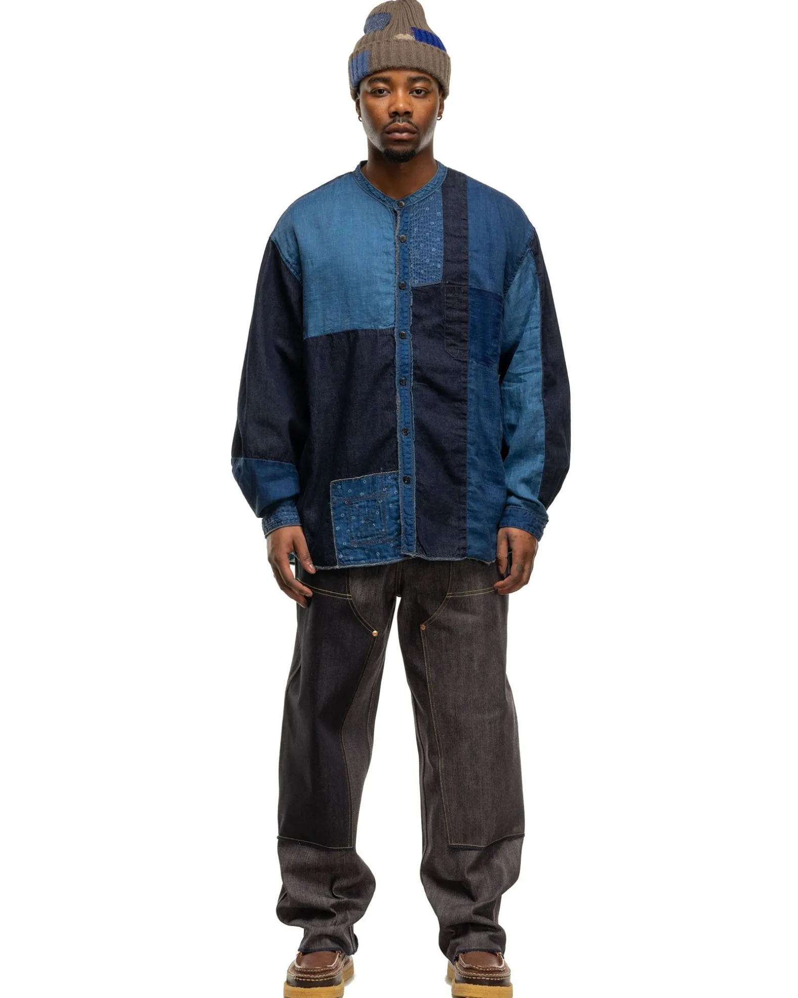 Cotton/Linen Idg Patchwork Band Collar Katmandu Shirt Idg