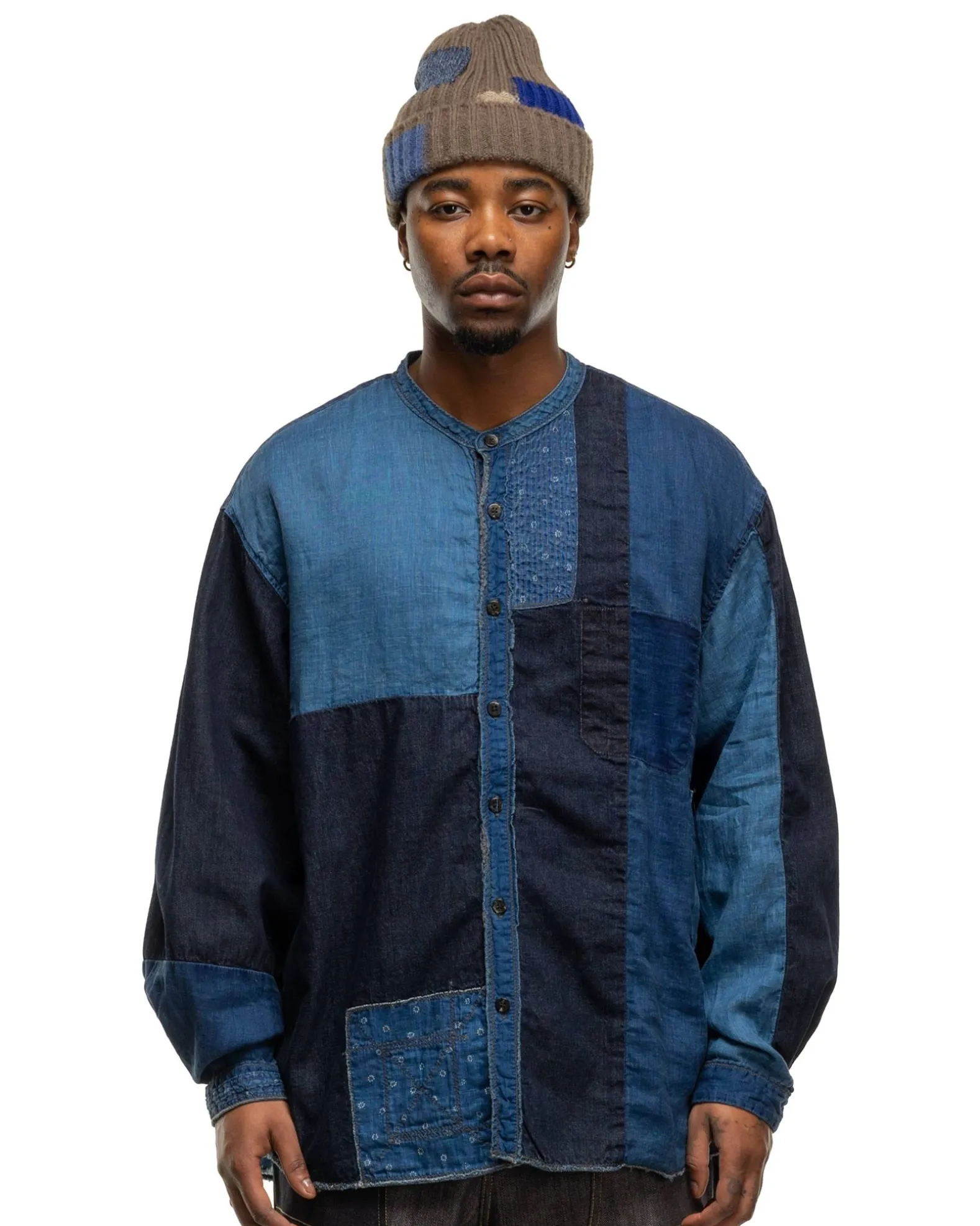 Cotton/Linen Idg Patchwork Band Collar Katmandu Shirt Idg