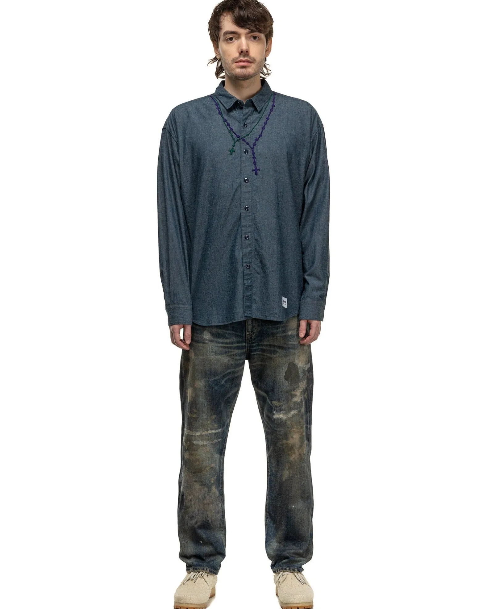 Double Cross Embroidery Shirt Ls Indigo