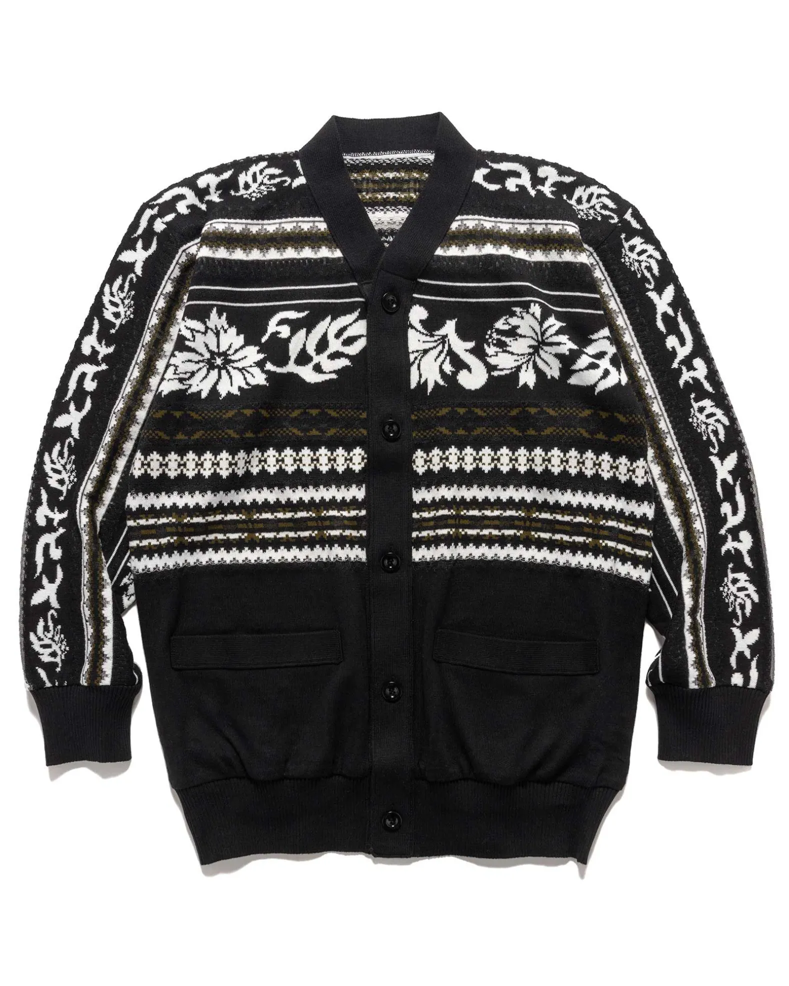 Floral Jacquard Knit Cardigan Black X White