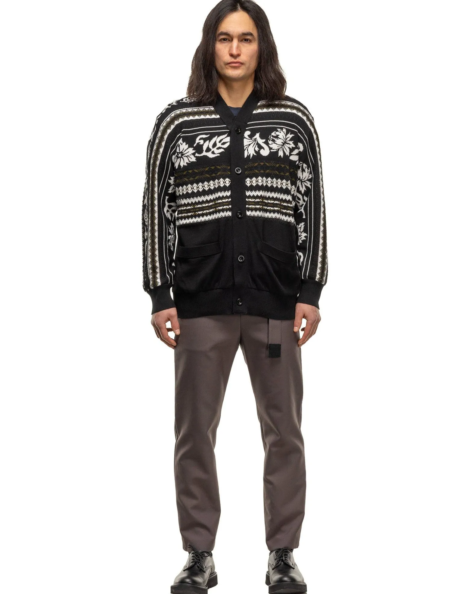 Floral Jacquard Knit Cardigan Black X White