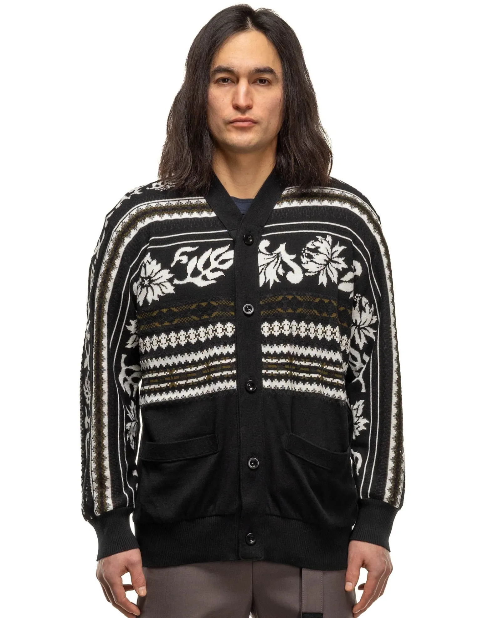Floral Jacquard Knit Cardigan Black X White