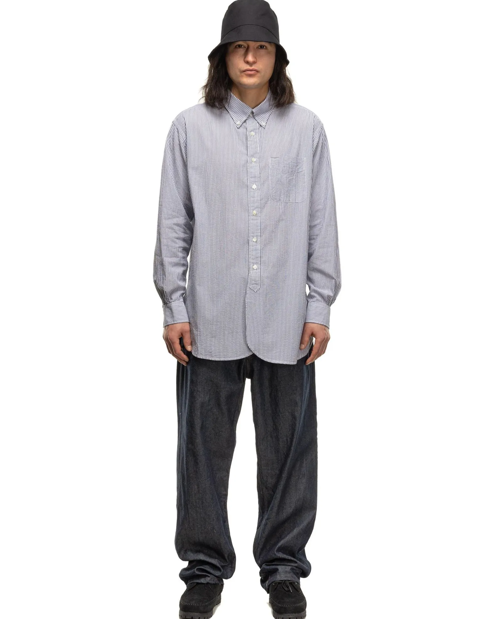 19Th Century Bd Shirt Cotton Seersucker Navy/White
